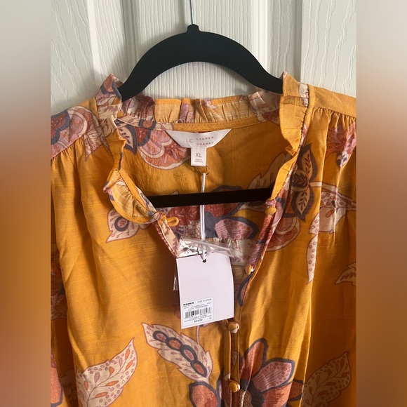 NWT Lauren Conrad Button Front Ruffle Blouse….XL…Orange color floral print - Picture 2 of 9